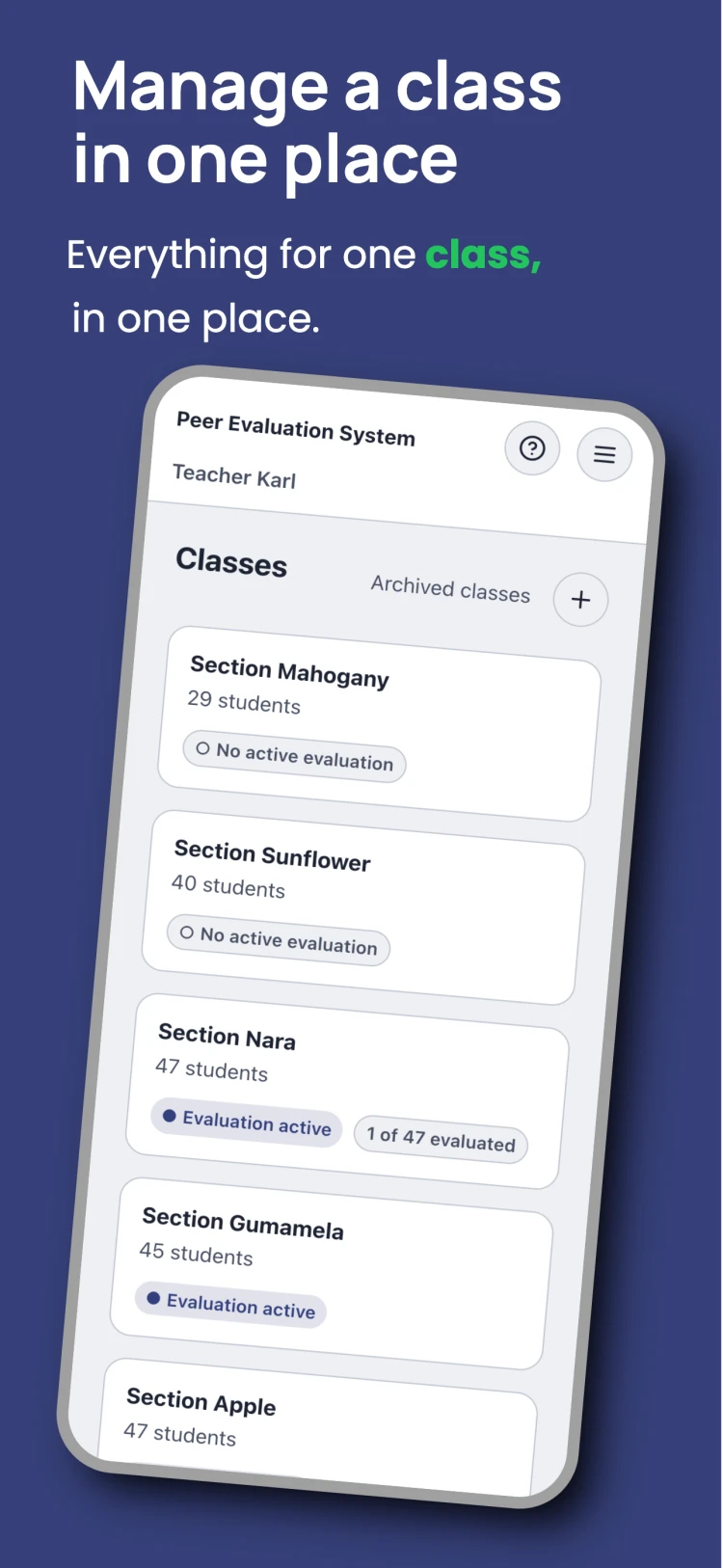 Marka classes dashboard listing sections with student counts and evaluation status