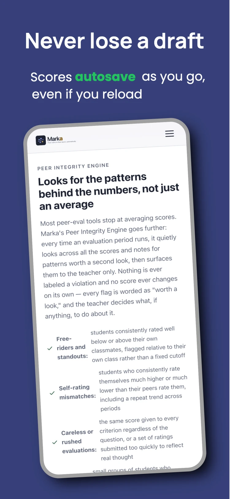 Marka Peer Integrity Engine screen listing free-riders, self-rating mismatches, and rushed evaluations