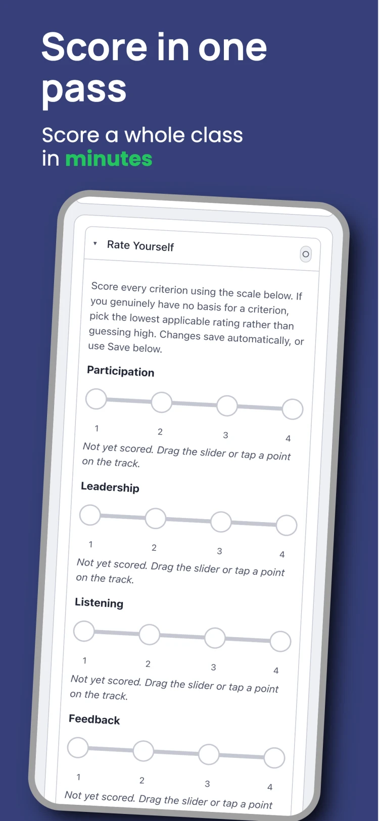 Marka scoring screen: sliders for Participation, Leadership, Listening, and Feedback criteria